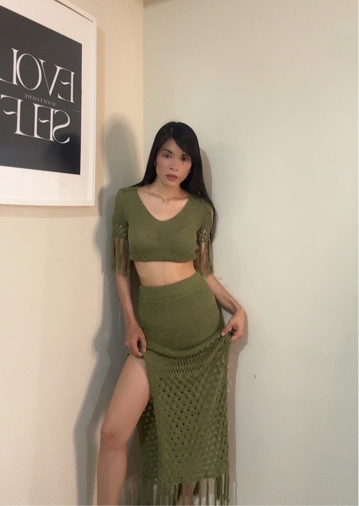 Conjunto de falda crochet Isla - Aceituna